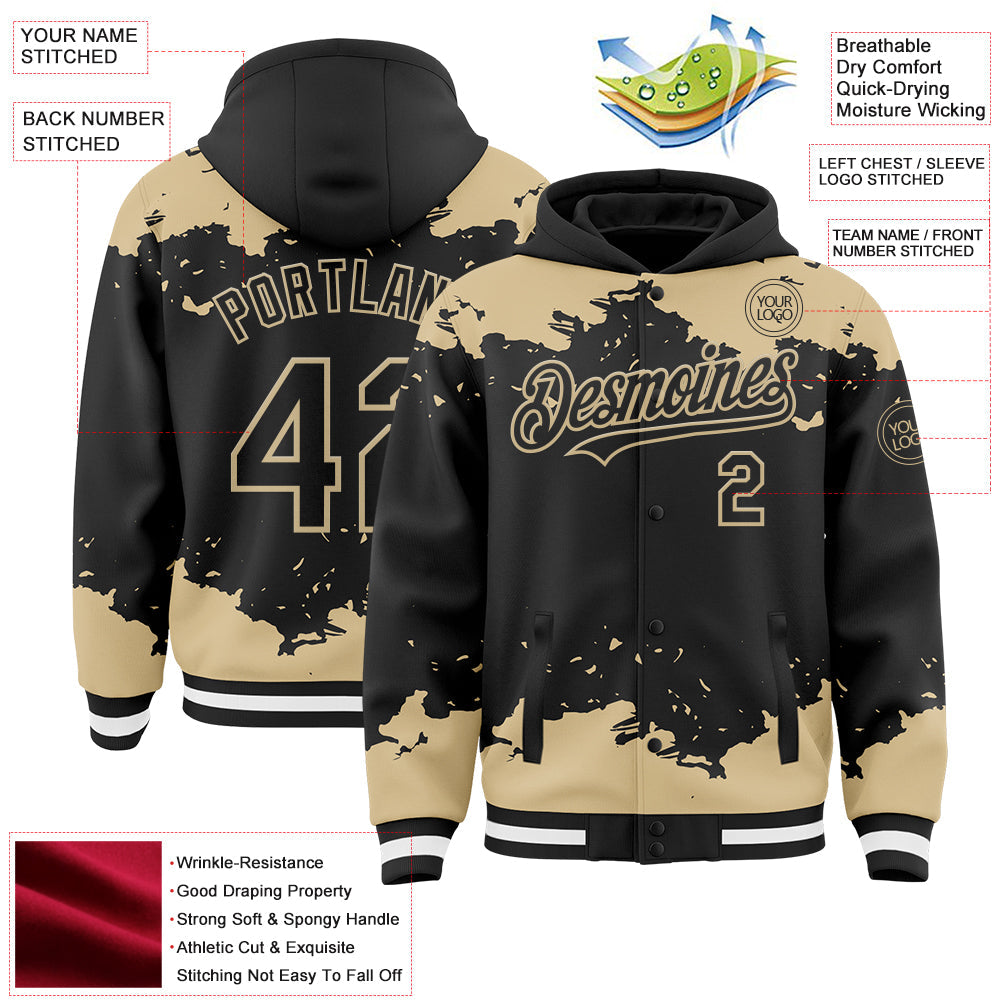 Custom Black Vegas Gold-White Splash Art 3D Pattern Design Bomber Full-Snap Varsity Letterman Hoodie Jacket view 4