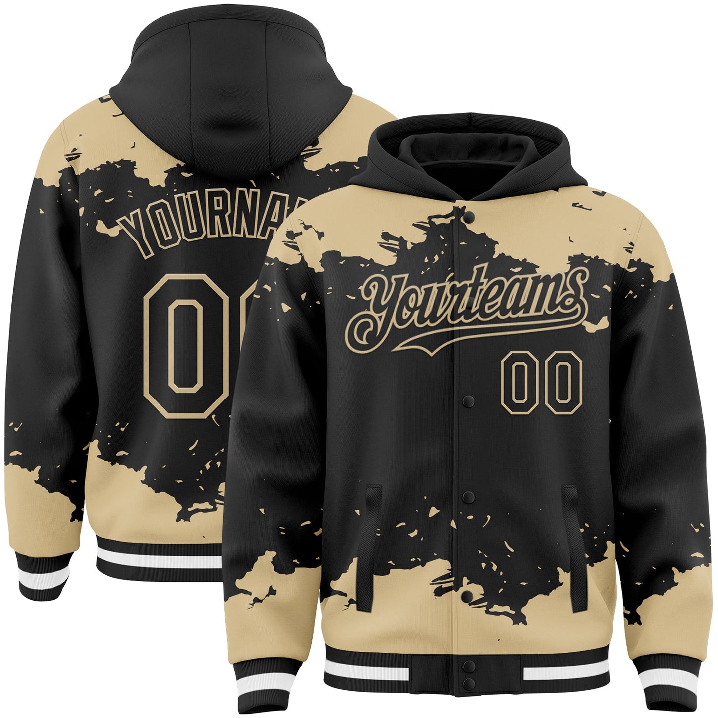 Custom Black Vegas Gold-White Splash Art 3D Pattern Design Bomber Full-Snap Varsity Letterman Hoodie Jacket - Main View