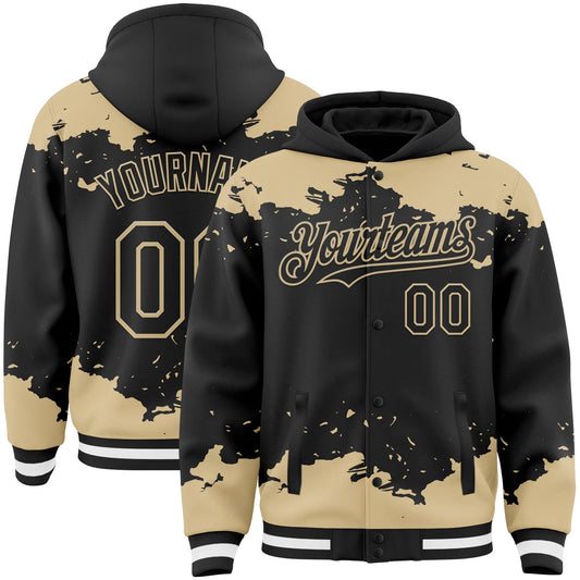 Custom Black Vegas Gold-White Splash Art 3D Pattern Design Bomber Full-Snap Varsity Letterman Hoodie Jacket - Main View