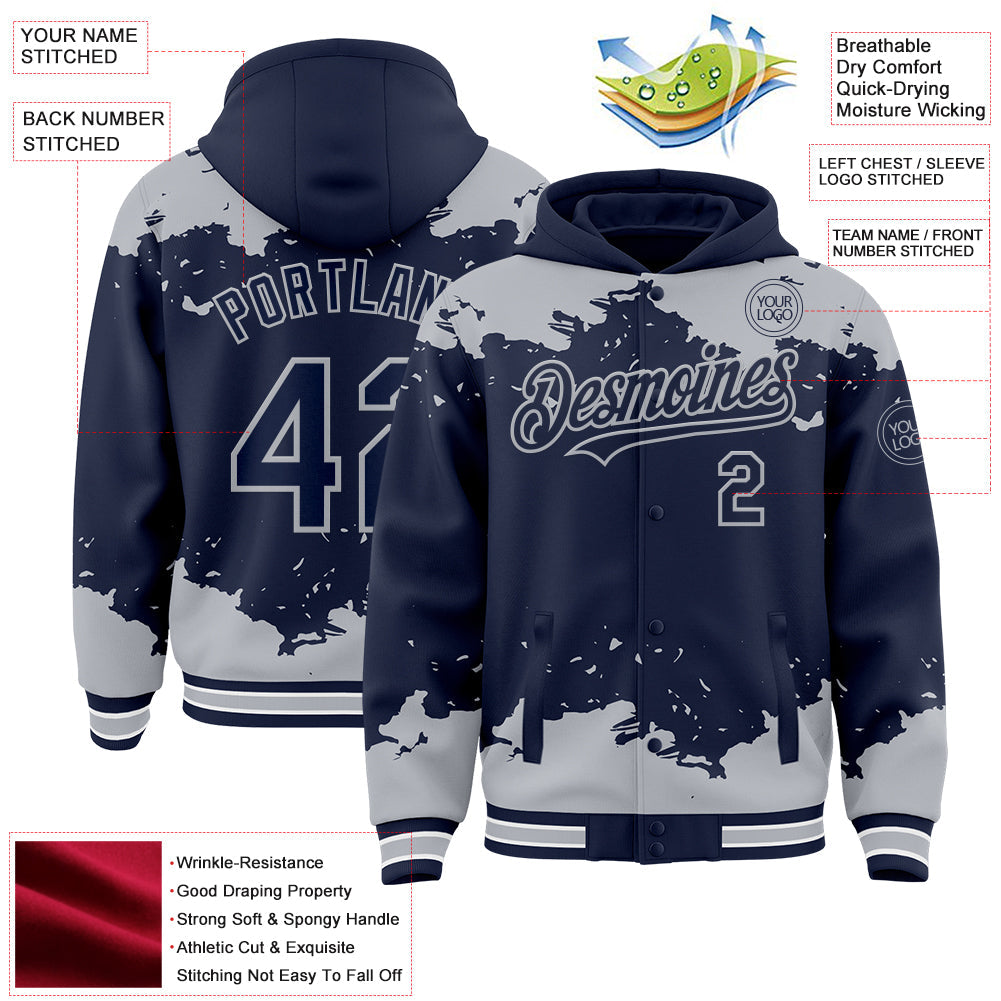 Custom Navy Gray-White Splash Art 3D Pattern Design Bomber Full-Snap Varsity Letterman Hoodie Jacket view 4