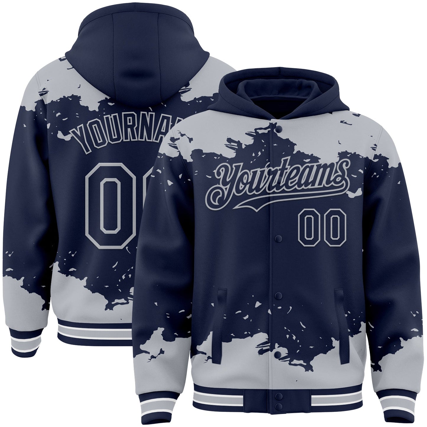 Custom Navy Gray-White Splash Art 3D Pattern Design Bomber Full-Snap Varsity Letterman Hoodie Jacket - Main View