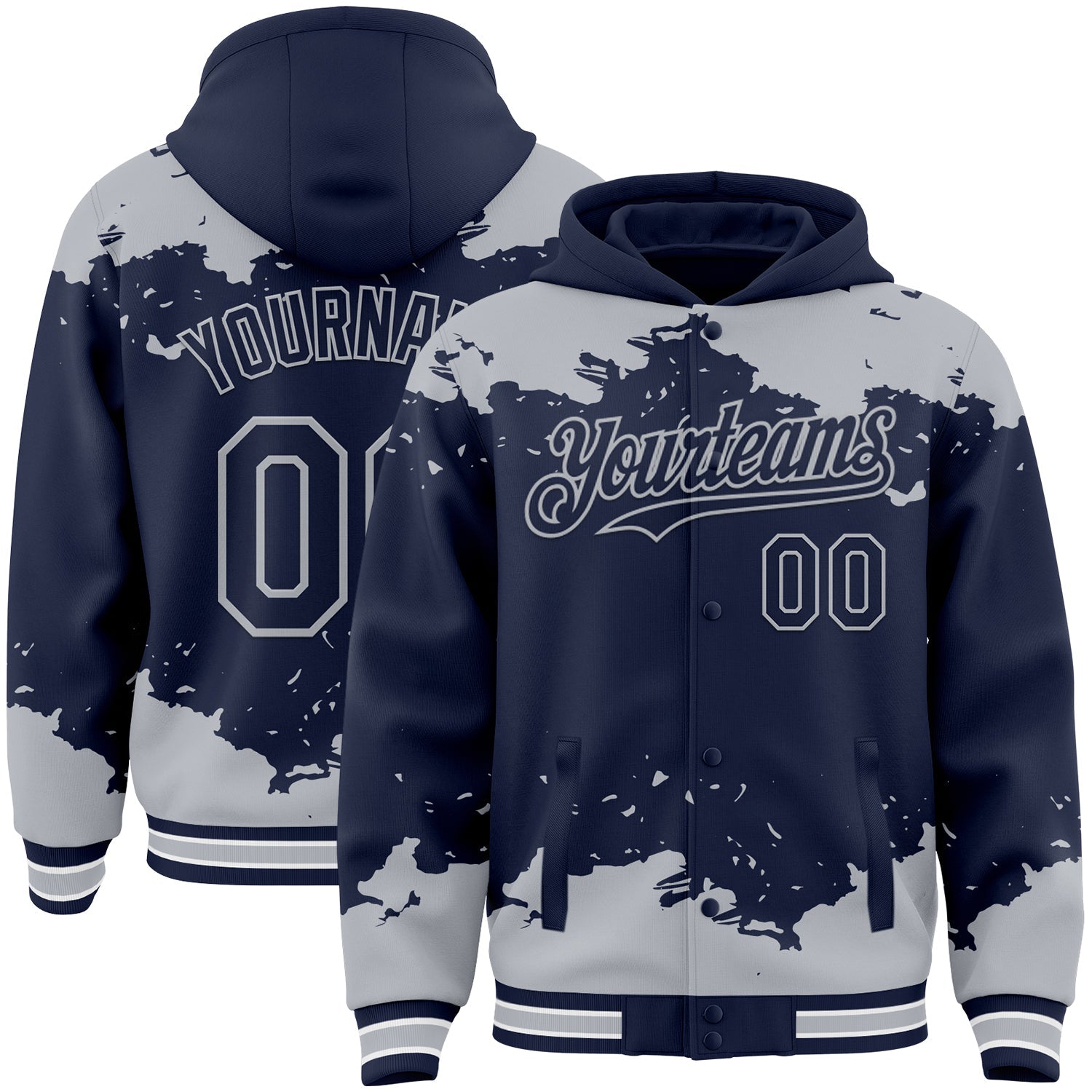 Custom Navy Gray-White Splash Art 3D Pattern Design Bomber Full-Snap Varsity Letterman Hoodie Jacket - Main View