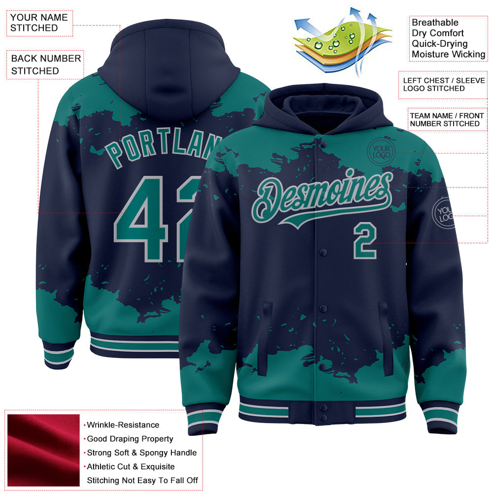 Custom Navy Teal-Gray Splash Art 3D Pattern Design Bomber Full-Snap Varsity Letterman Hoodie Jacket view 4