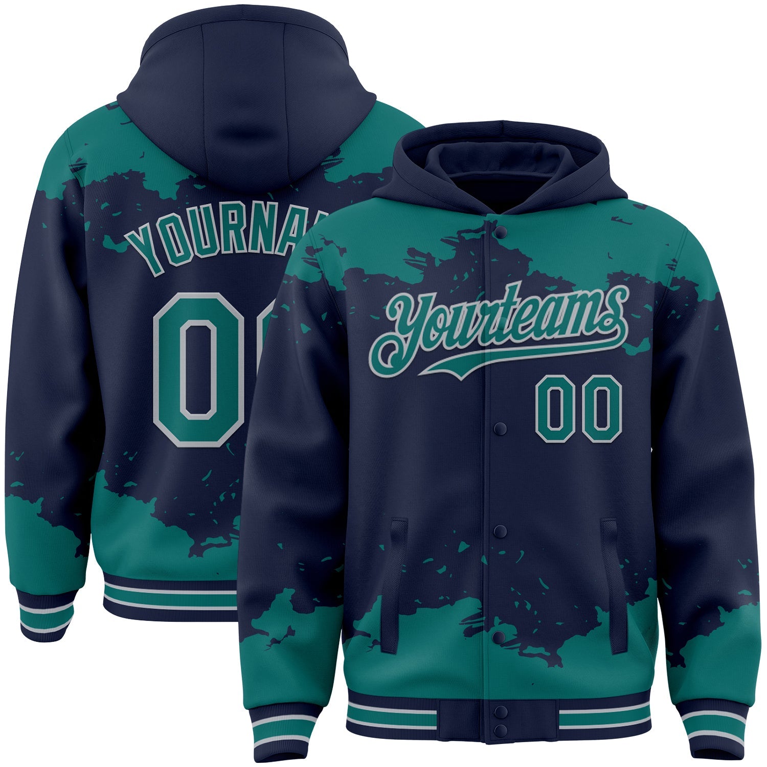 Custom Navy Teal-Gray Splash Art 3D Pattern Design Bomber Full-Snap Varsity Letterman Hoodie Jacket - Main View