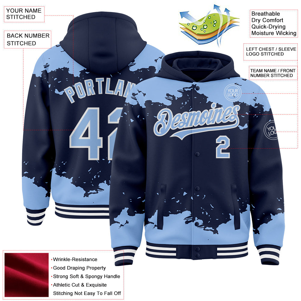 Custom Navy Light Blue-White Splash Art 3D Pattern Design Bomber Full-Snap Varsity Letterman Hoodie Jacket view 4
