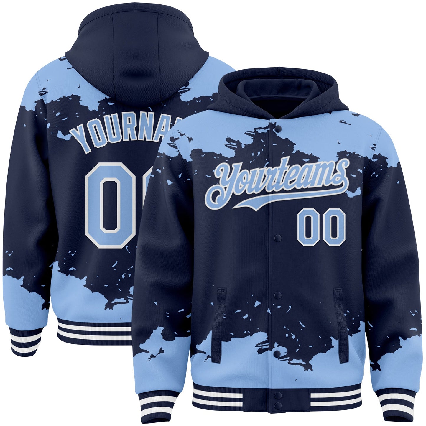 Custom Navy Light Blue-White Splash Art 3D Pattern Design Bomber Full-Snap Varsity Letterman Hoodie Jacket - Main View