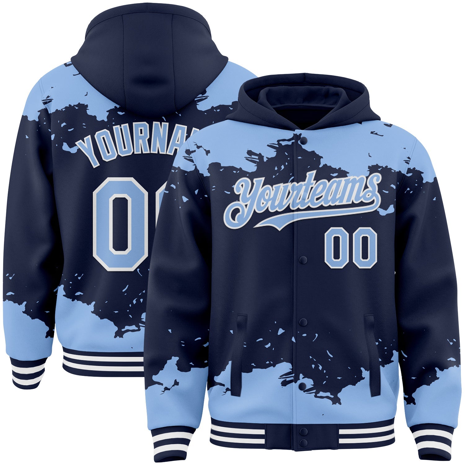 Custom Navy Light Blue-White Splash Art 3D Pattern Design Bomber Full-Snap Varsity Letterman Hoodie Jacket - Main View