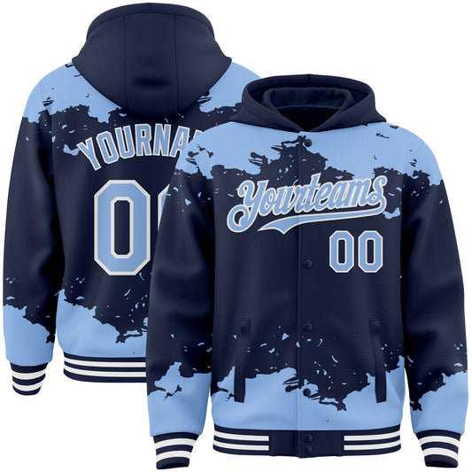 Custom Navy Light Blue-White Splash Art 3D Pattern Design Bomber Full-Snap Varsity Letterman Hoodie Jacket - Main View