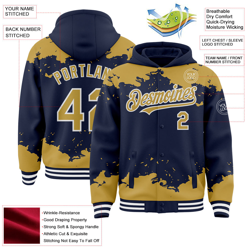 Custom Navy Old Gold-White Splash Art 3D Pattern Design Bomber Full-Snap Varsity Letterman Hoodie Jacket view 4
