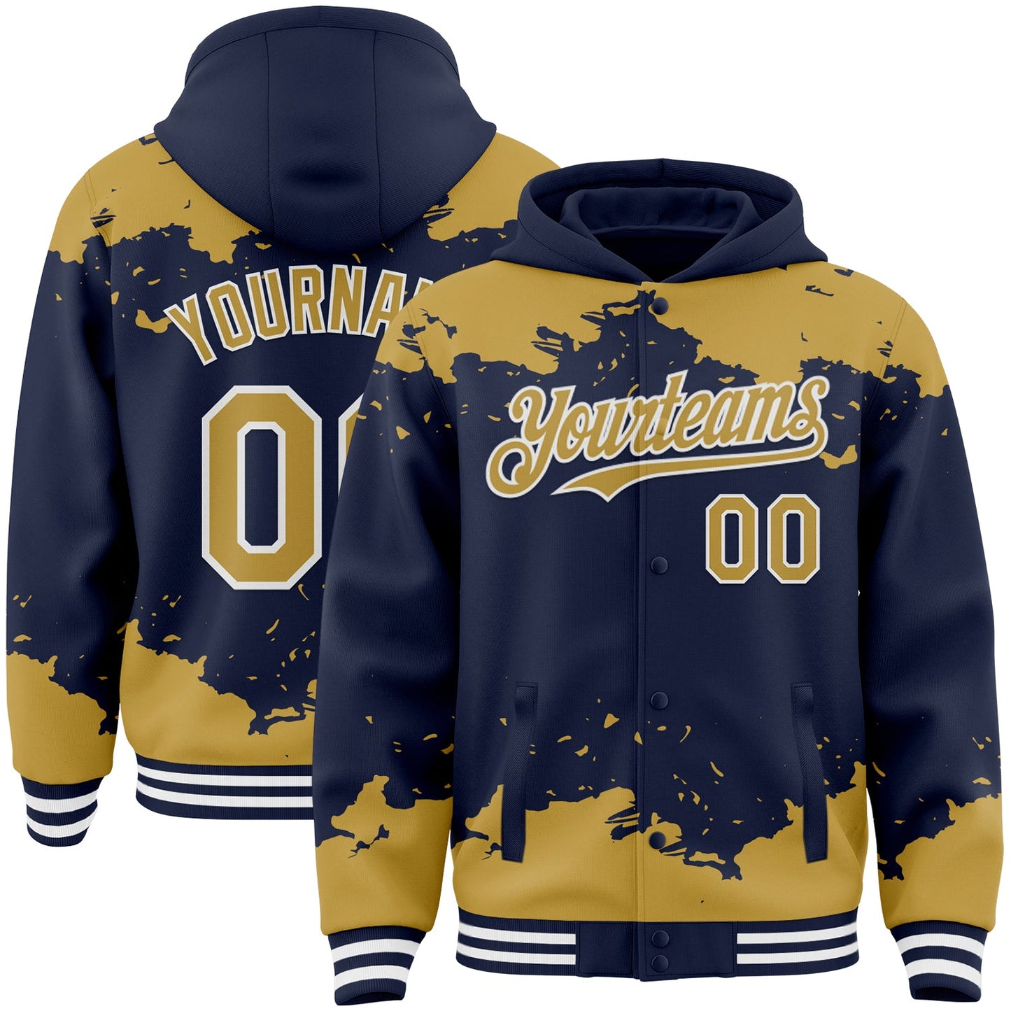 Custom Navy Old Gold-White Splash Art 3D Pattern Design Bomber Full-Snap Varsity Letterman Hoodie Jacket - Main View