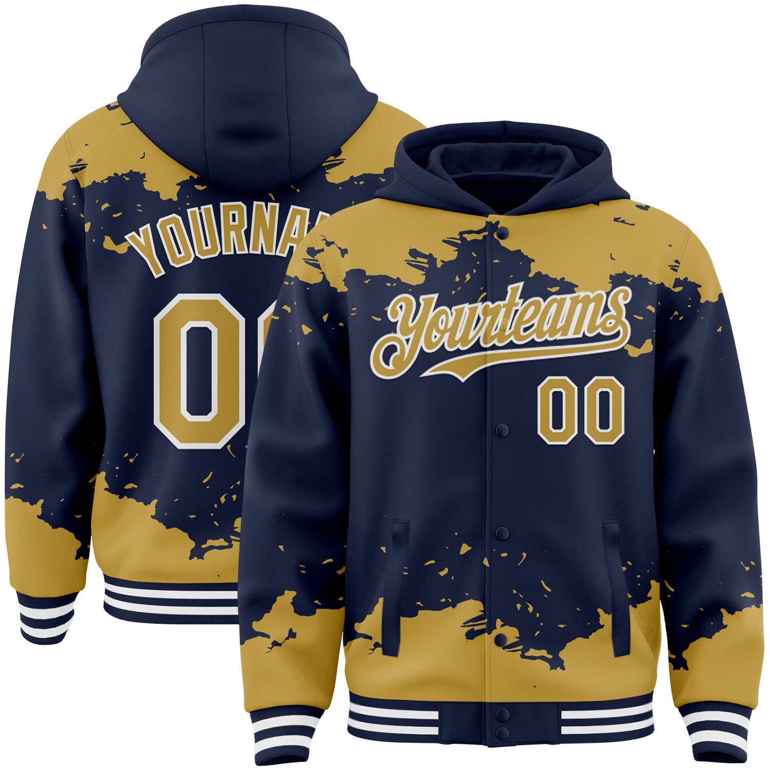 Custom Navy Old Gold-White Splash Art 3D Pattern Design Bomber Full-Snap Varsity Letterman Hoodie Jacket - Main View