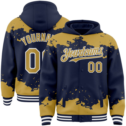 Custom Navy Old Gold-White Splash Art 3D Pattern Design Bomber Full-Snap Varsity Letterman Hoodie Jacket - Main View