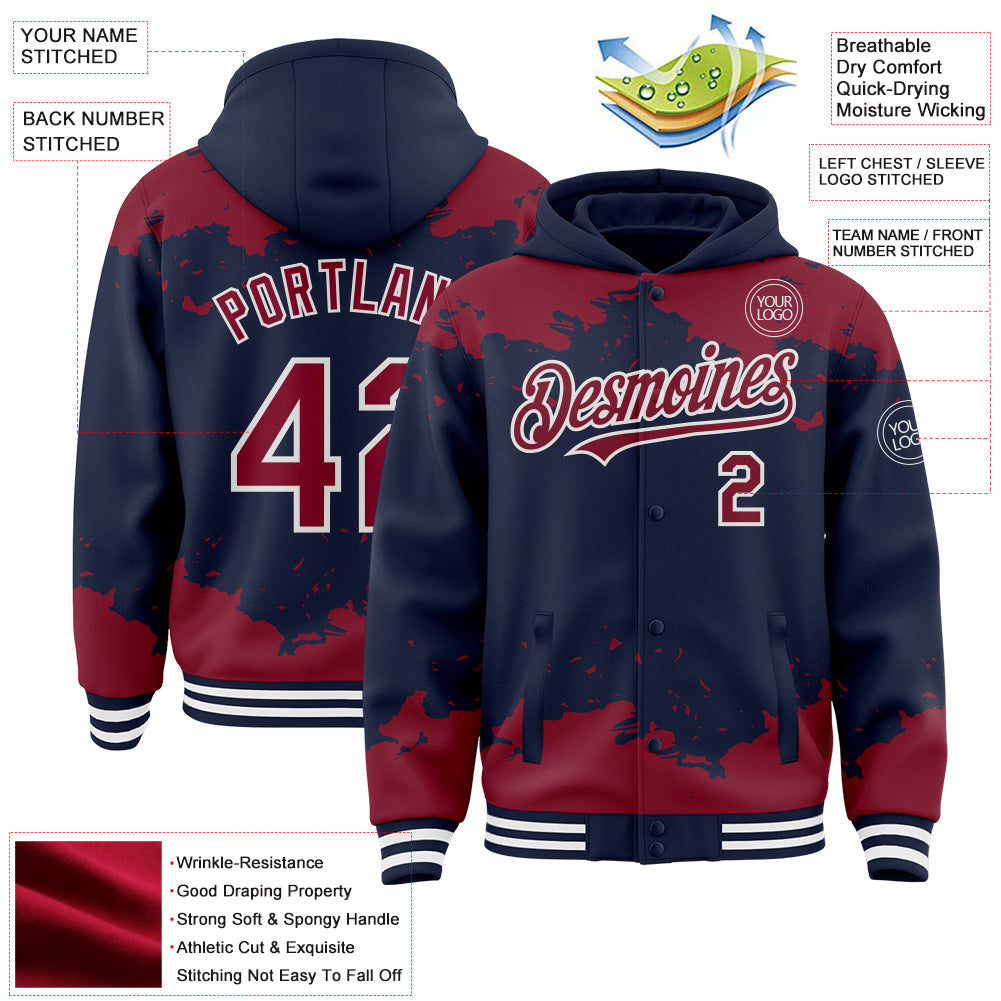 Custom Navy Crimson-White Splash Art 3D Pattern Design Bomber Full-Snap Varsity Letterman Hoodie Jacket view 4