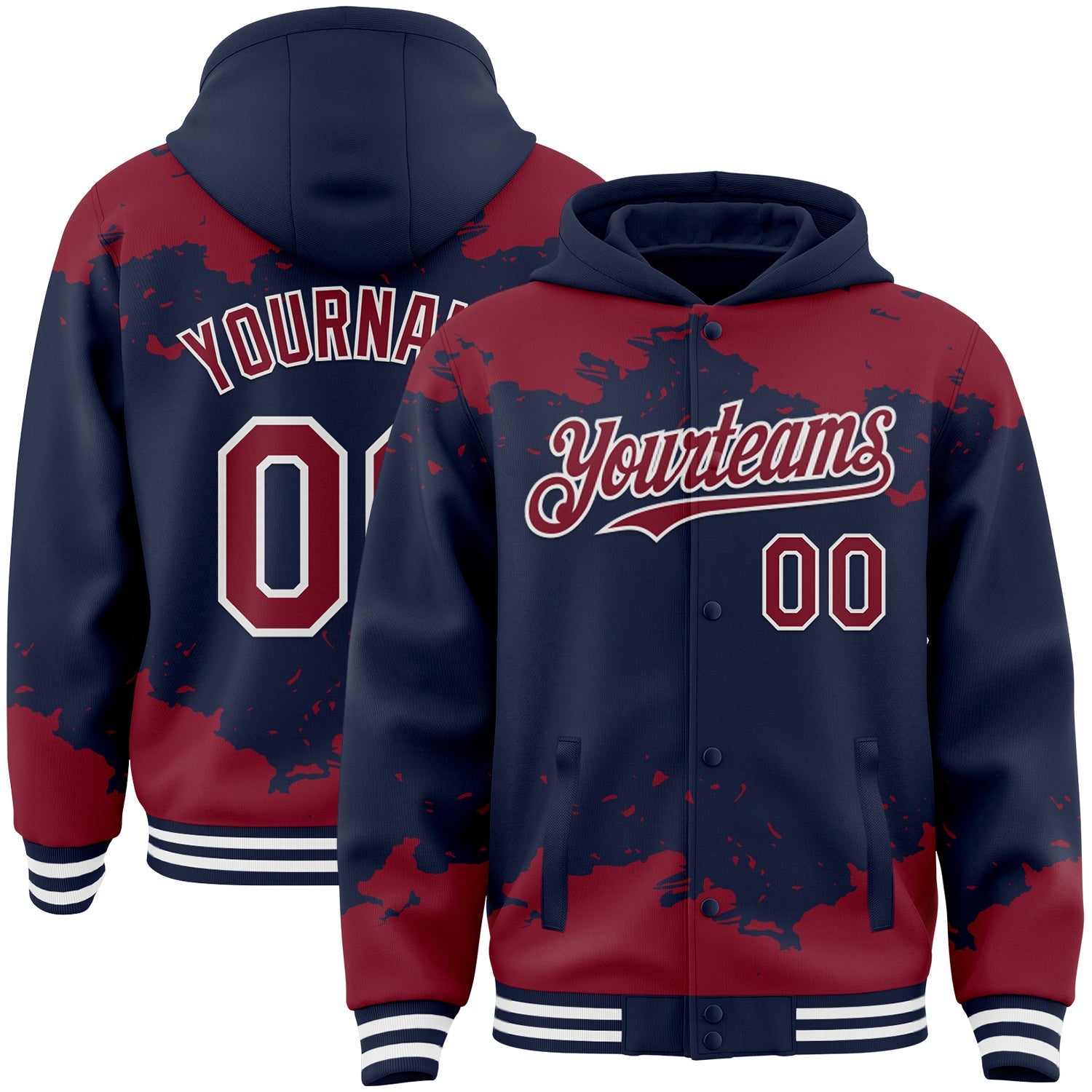 Custom Navy Crimson-White Splash Art 3D Pattern Design Bomber Full-Snap Varsity Letterman Hoodie Jacket - Main View
