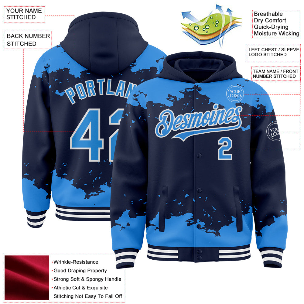 Custom Navy Powder Blue-White Splash Art 3D Pattern Design Bomber Full-Snap Varsity Letterman Hoodie Jacket view 4