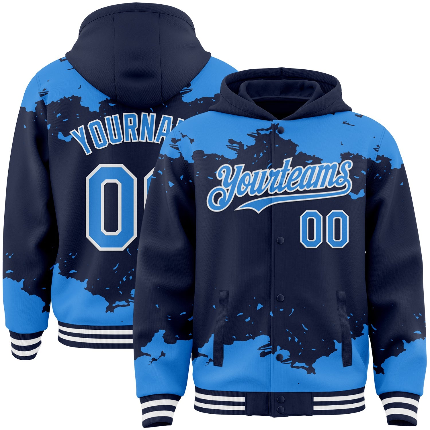 Custom Navy Powder Blue-White Splash Art 3D Pattern Design Bomber Full-Snap Varsity Letterman Hoodie Jacket - Main View