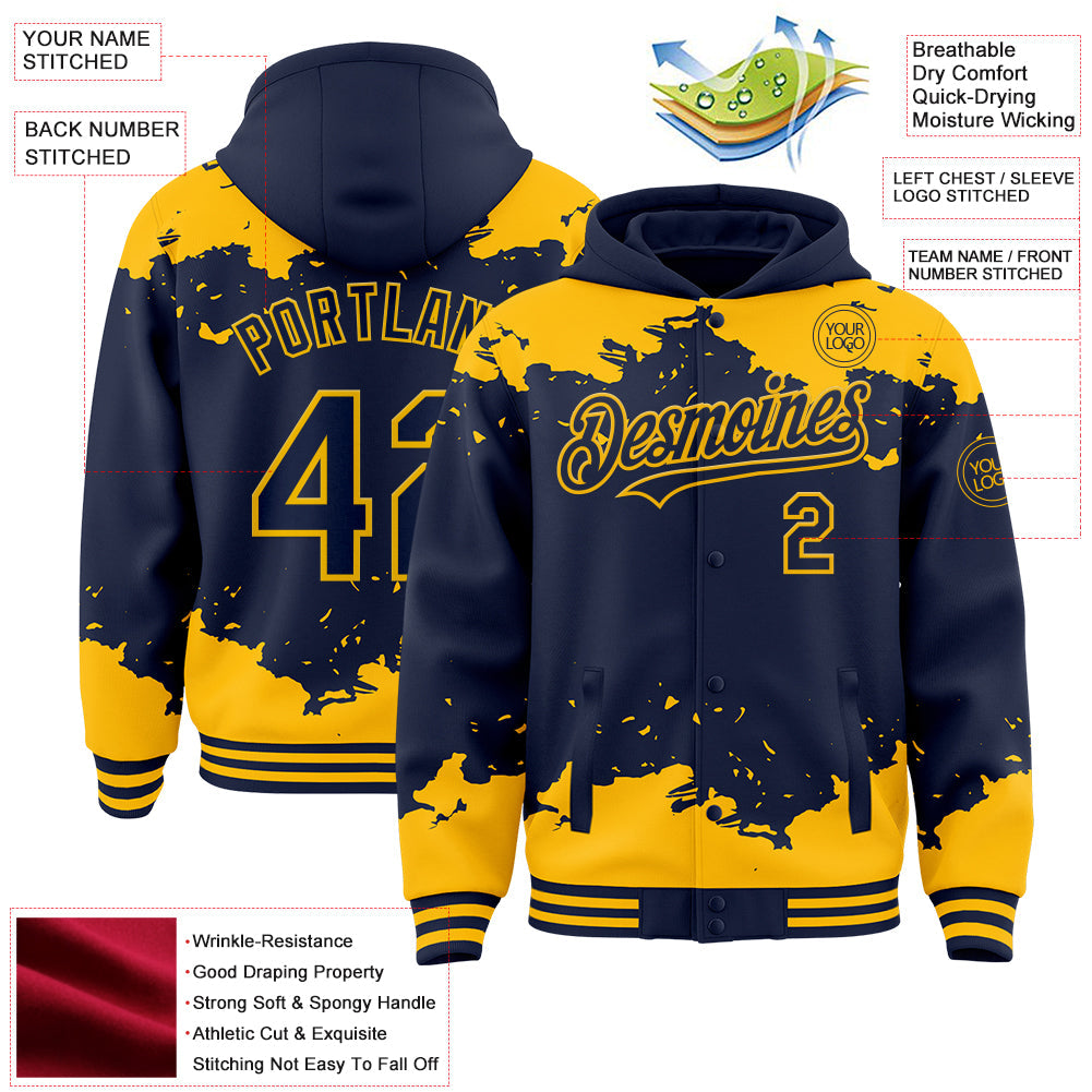 Custom Navy Gold Splash Art 3D Pattern Design Bomber Full-Snap Varsity Letterman Hoodie Jacket view 4