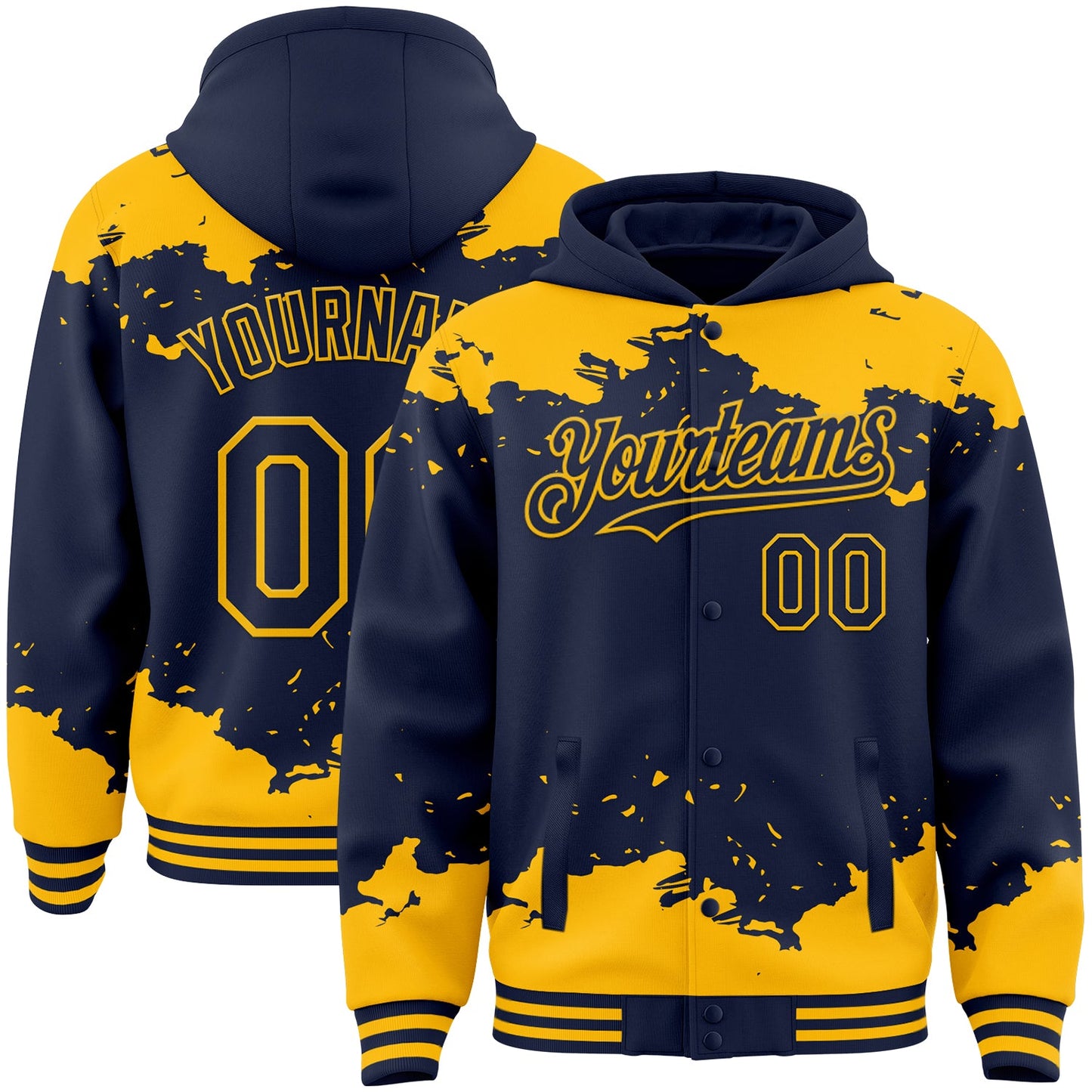Custom Navy Gold Splash Art 3D Pattern Design Bomber Full-Snap Varsity Letterman Hoodie Jacket - Main View
