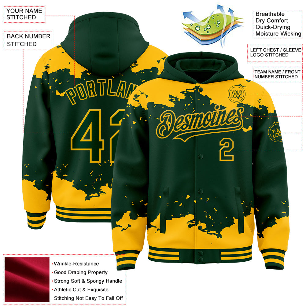 Custom Green Gold Splash Art 3D Pattern Design Bomber Full-Snap Varsity Letterman Hoodie Jacket view 4