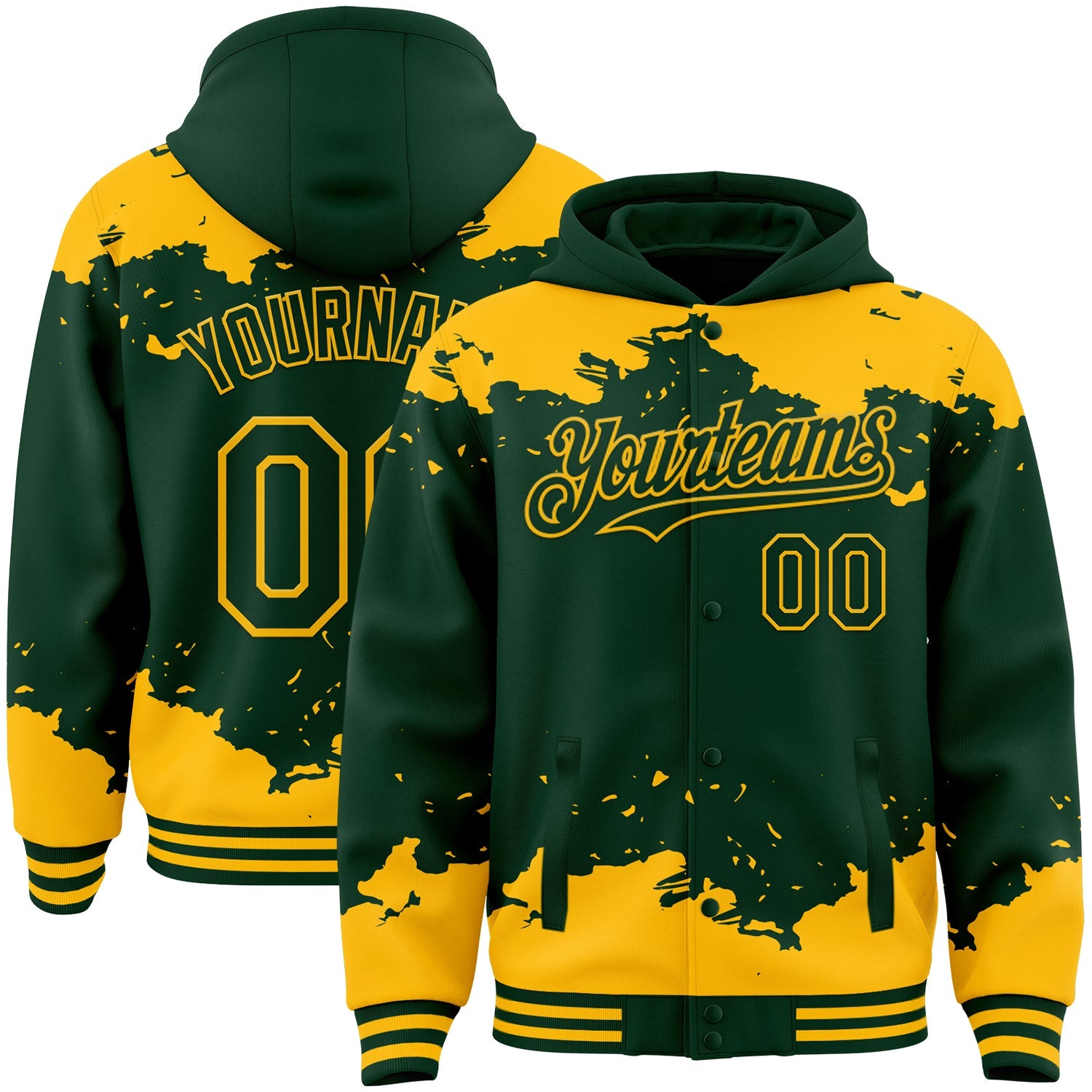 Custom Green Gold Splash Art 3D Pattern Design Bomber Full-Snap Varsity Letterman Hoodie Jacket - Main View