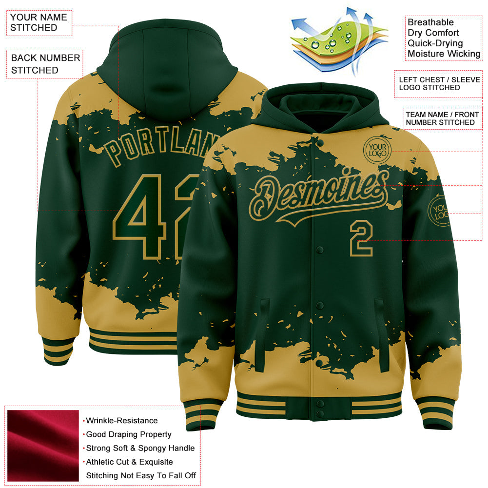 Custom Green Old Gold Splash Art 3D Pattern Design Bomber Full-Snap Varsity Letterman Hoodie Jacket view 4