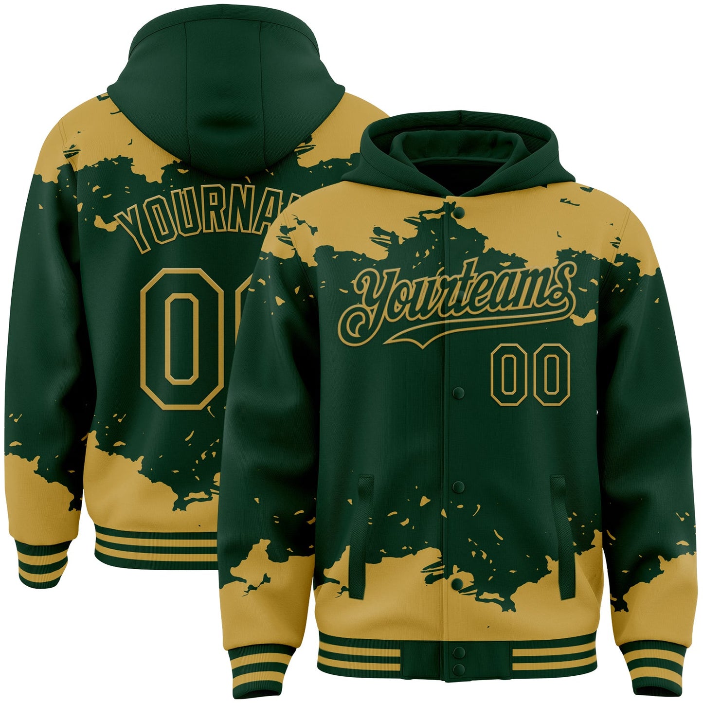 Custom Green Old Gold Splash Art 3D Pattern Design Bomber Full-Snap Varsity Letterman Hoodie Jacket - Main View