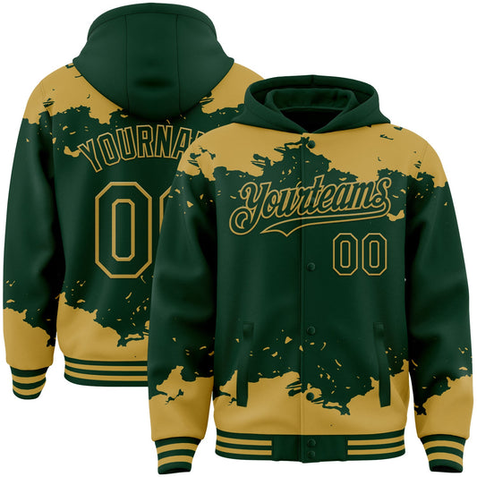 Custom Green Old Gold Splash Art 3D Pattern Design Bomber Full-Snap Varsity Letterman Hoodie Jacket - Main View