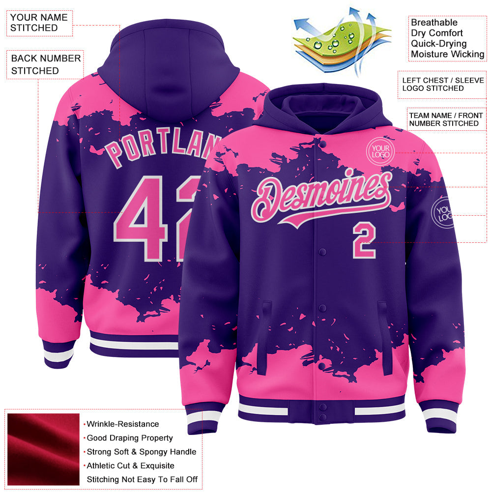 Custom Purple Pink-White Splash Art 3D Pattern Design Bomber Full-Snap Varsity Letterman Hoodie Jacket view 4