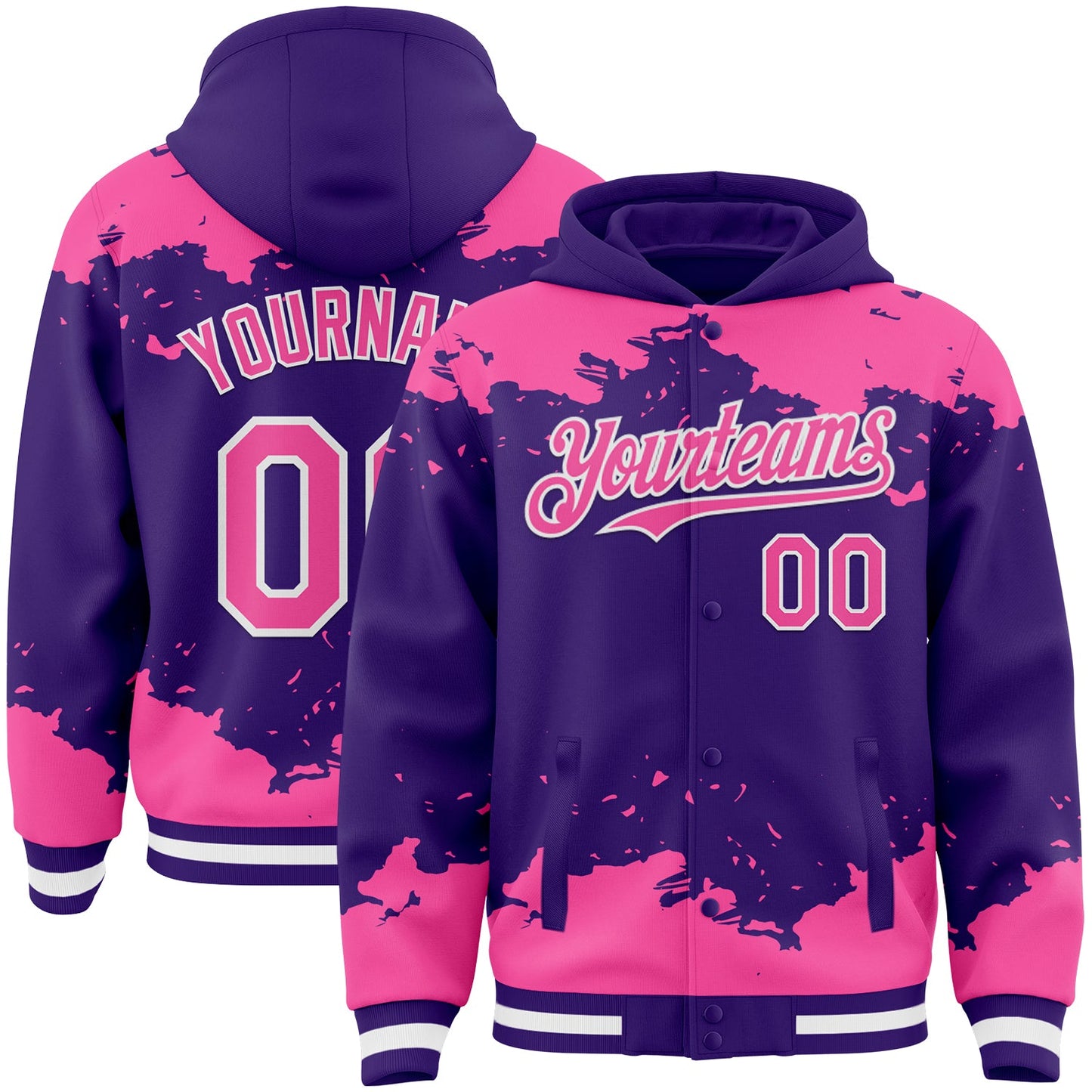 Custom Purple Pink-White Splash Art 3D Pattern Design Bomber Full-Snap Varsity Letterman Hoodie Jacket - Main View