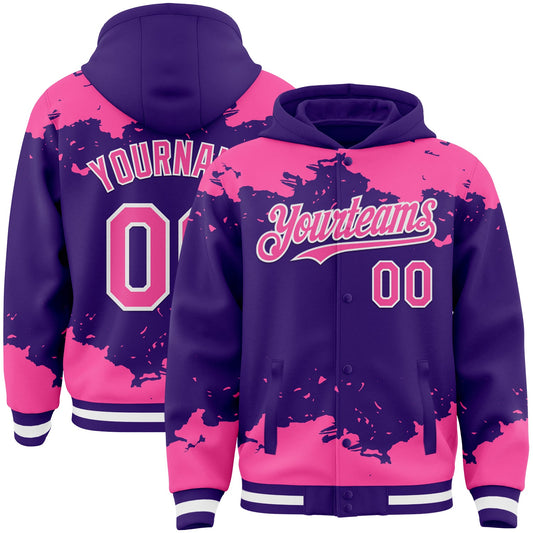 Custom Purple Pink-White Splash Art 3D Pattern Design Bomber Full-Snap Varsity Letterman Hoodie Jacket - Main View