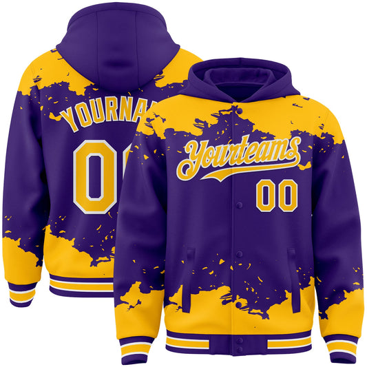 Custom Purple Gold-White Splash Art 3D Pattern Design Bomber Full-Snap Varsity Letterman Hoodie Jacket - Main View