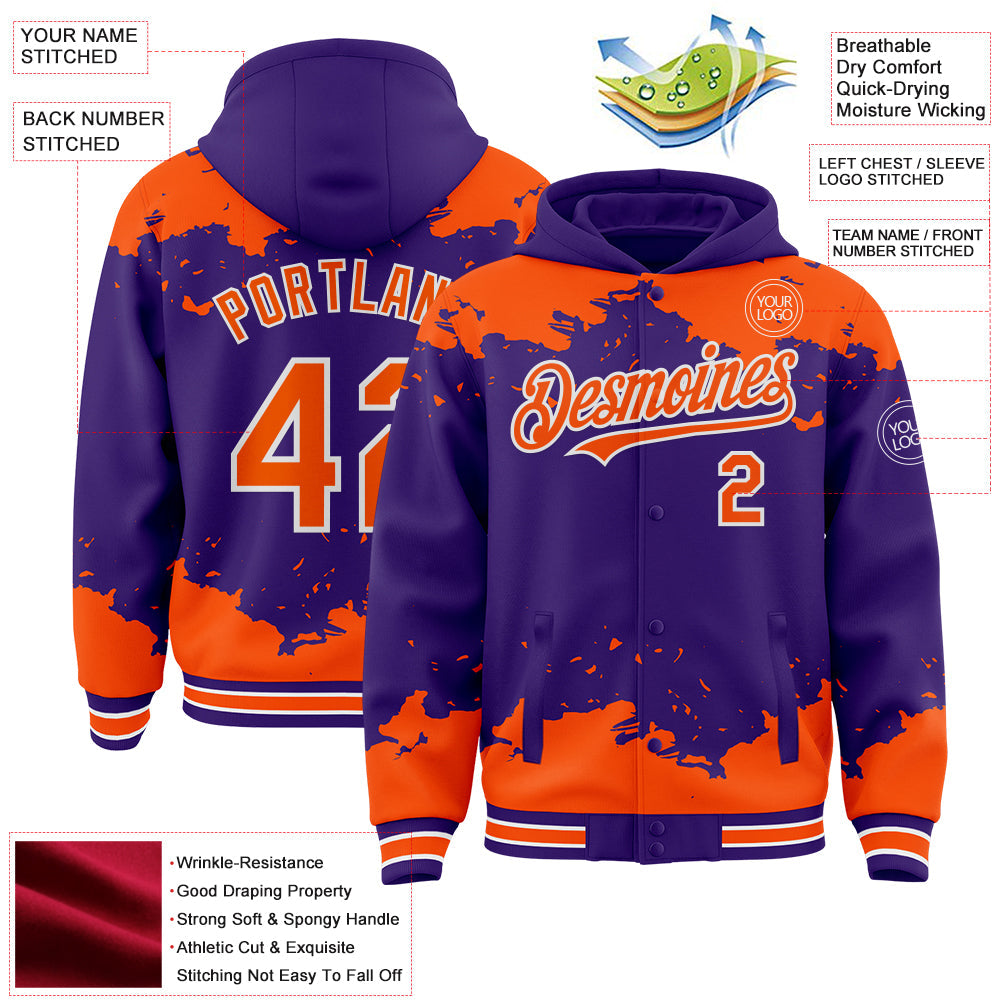 Custom Purple Orange-White Splash Art 3D Pattern Design Bomber Full-Snap Varsity Letterman Hoodie Jacket view 4