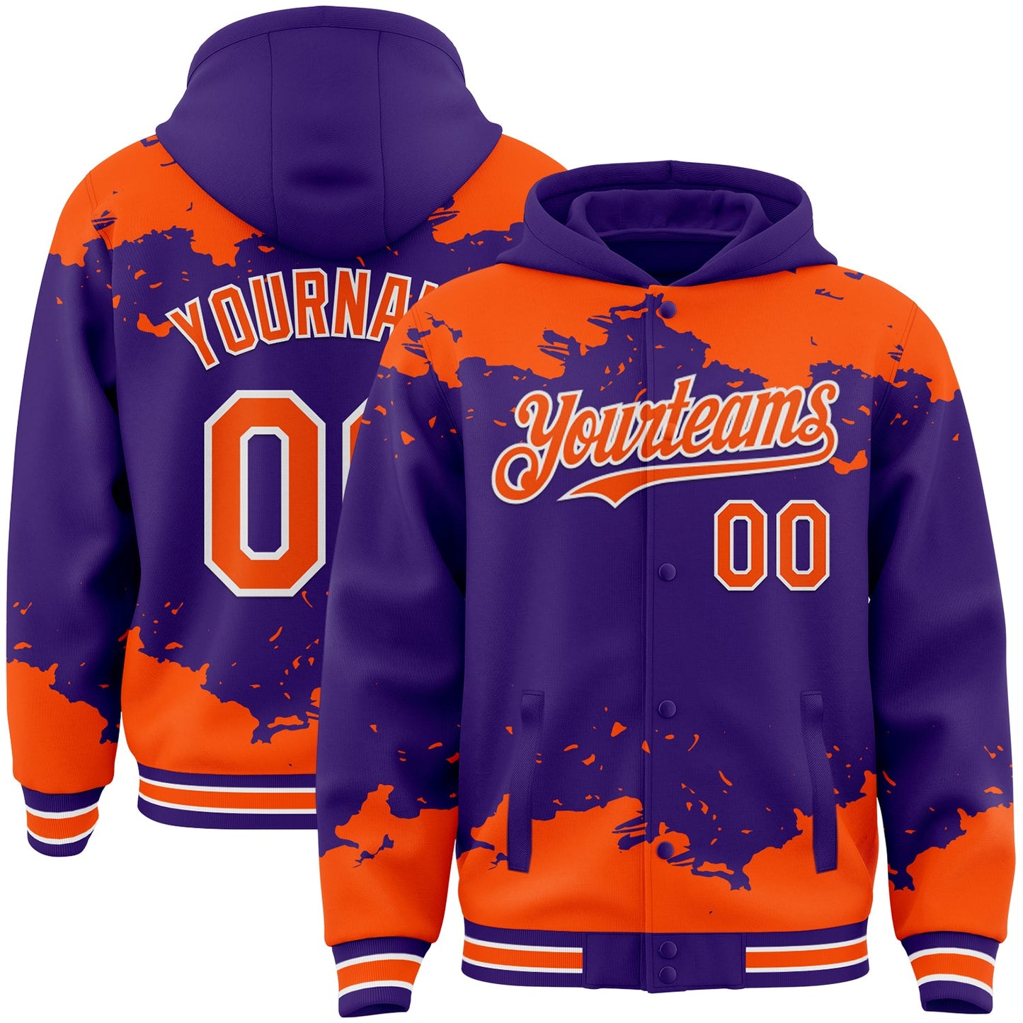 Custom Purple Orange-White Splash Art 3D Pattern Design Bomber Full-Snap Varsity Letterman Hoodie Jacket - Main View