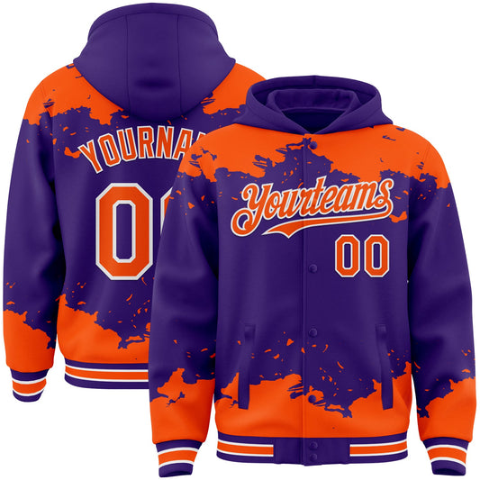 Custom Purple Orange-White Splash Art 3D Pattern Design Bomber Full-Snap Varsity Letterman Hoodie Jacket - Main View