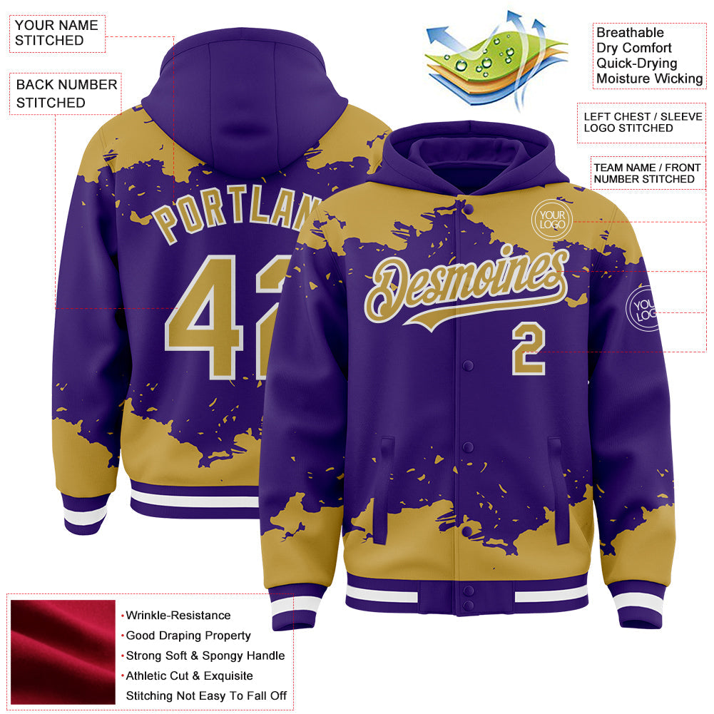 Custom Purple Old Gold-White Splash Art 3D Pattern Design Bomber Full-Snap Varsity Letterman Hoodie Jacket view 4