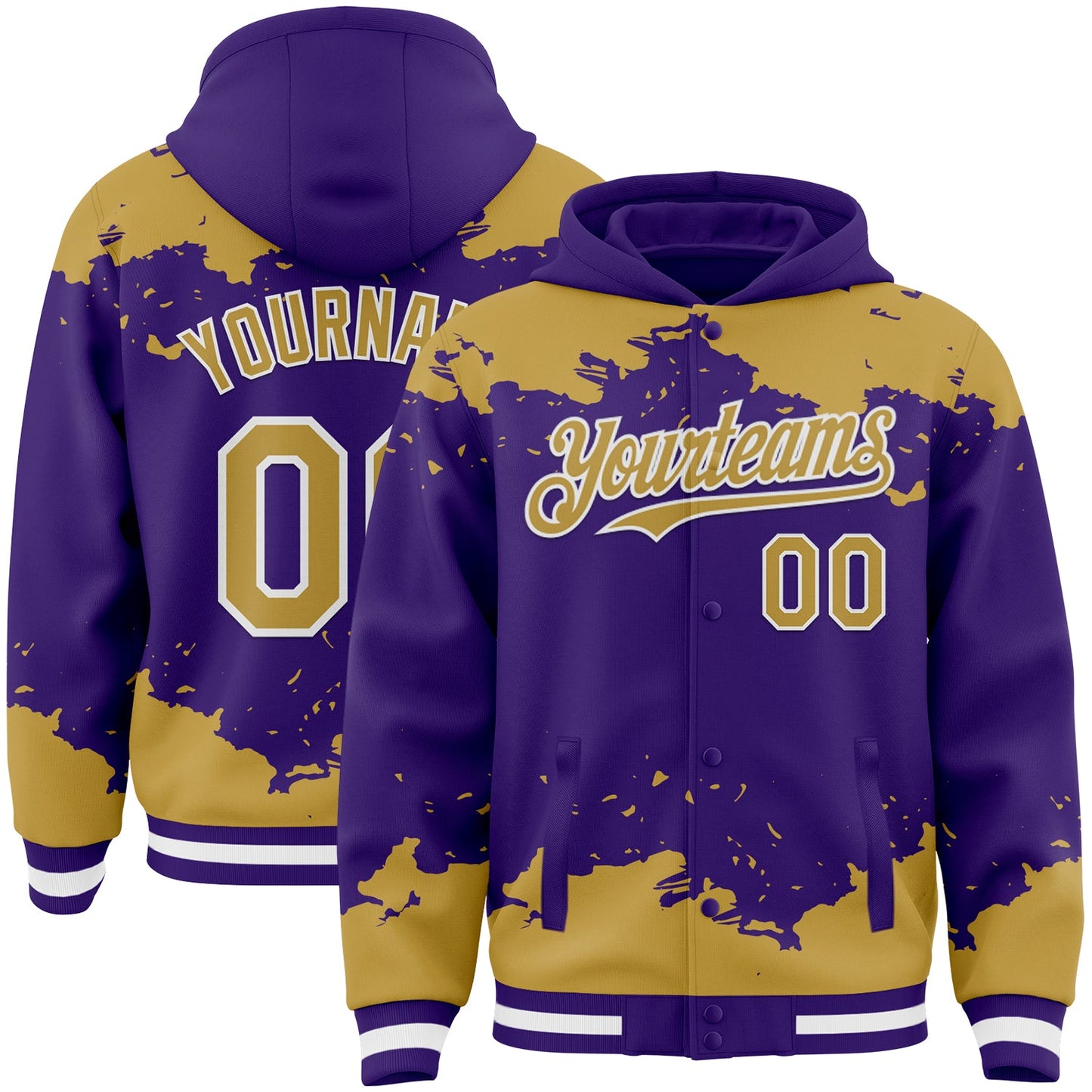 Custom Purple Old Gold-White Splash Art 3D Pattern Design Bomber Full-Snap Varsity Letterman Hoodie Jacket - Main View