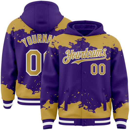 Custom Purple Old Gold-White Splash Art 3D Pattern Design Bomber Full-Snap Varsity Letterman Hoodie Jacket - Main View