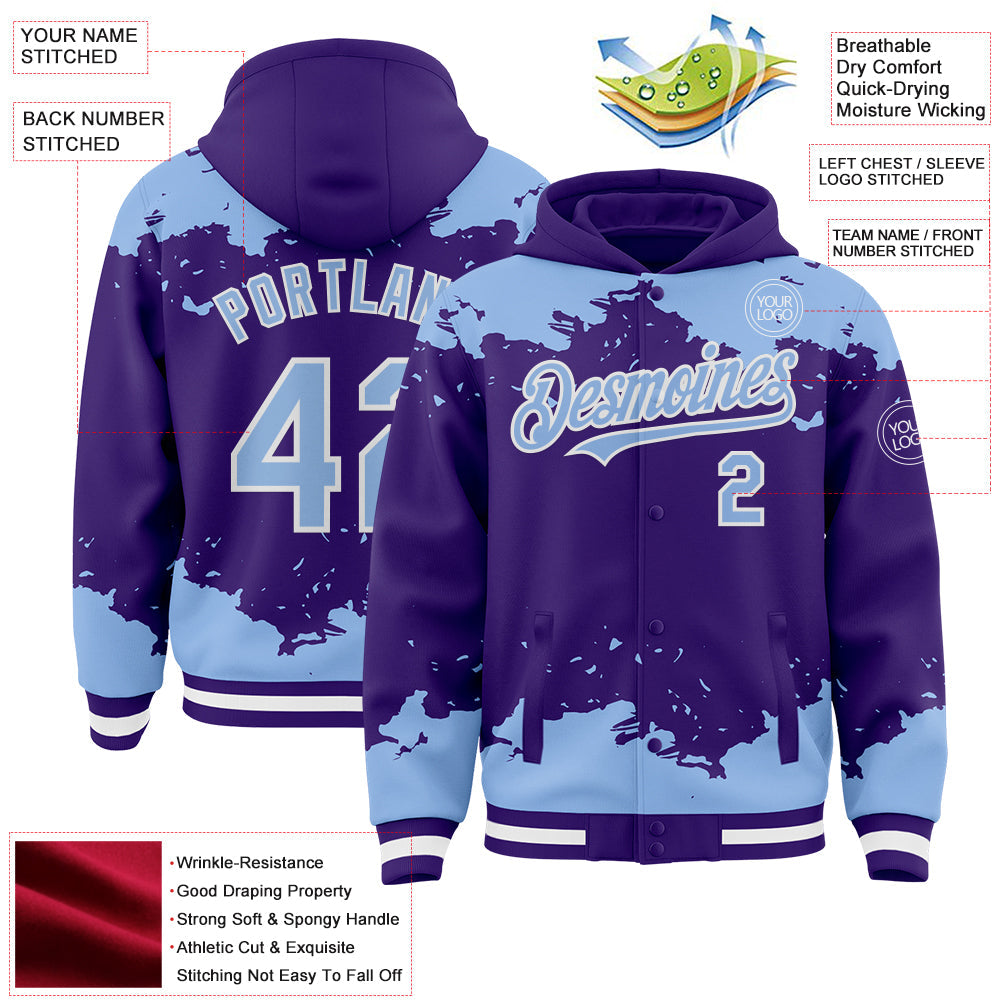 Custom Purple Light Blue-White Splash Art 3D Pattern Design Bomber Full-Snap Varsity Letterman Hoodie Jacket view 4
