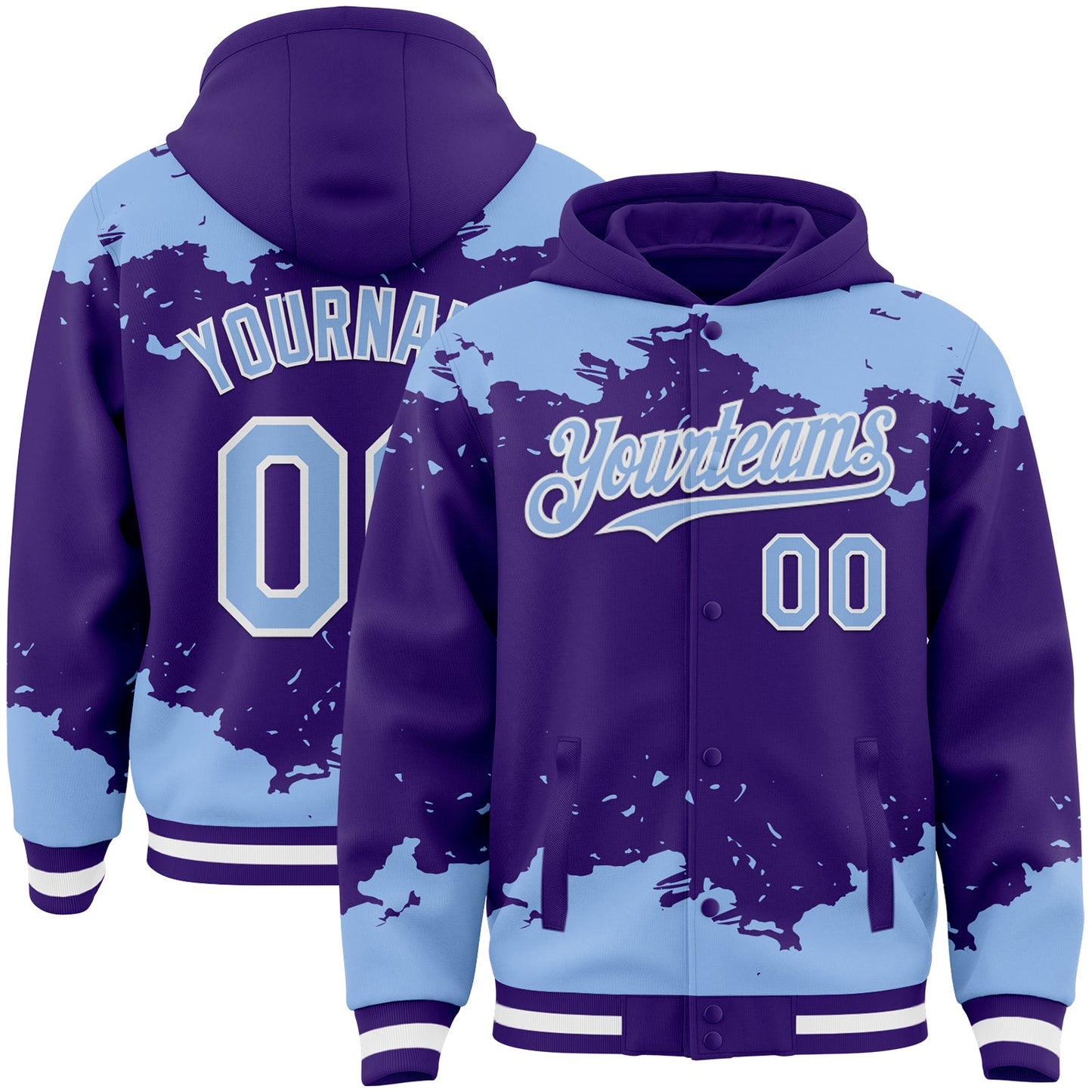 Custom Purple Light Blue-White Splash Art 3D Pattern Design Bomber Full-Snap Varsity Letterman Hoodie Jacket - Main View