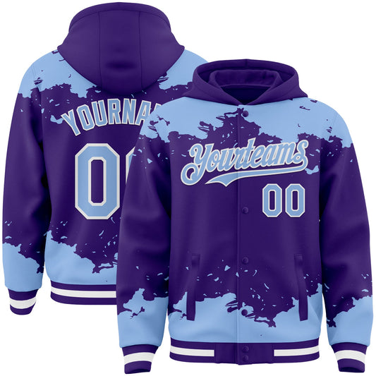 Custom Purple Light Blue-White Splash Art 3D Pattern Design Bomber Full-Snap Varsity Letterman Hoodie Jacket - Main View