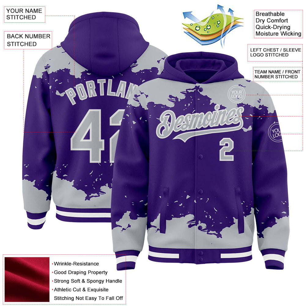 Custom Purple Gray-White Splash Art 3D Pattern Design Bomber Full-Snap Varsity Letterman Hoodie Jacket view 4