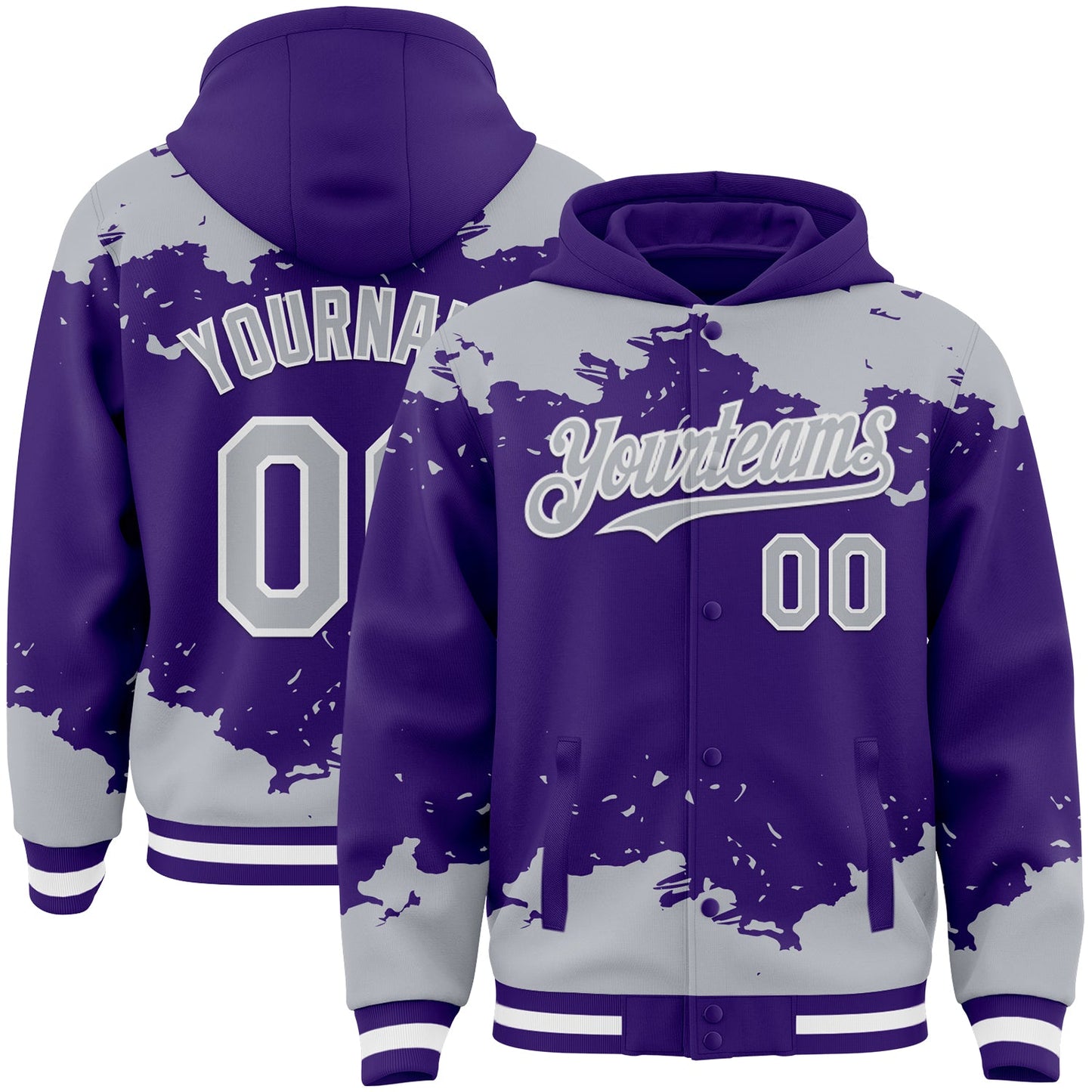 Custom Purple Gray-White Splash Art 3D Pattern Design Bomber Full-Snap Varsity Letterman Hoodie Jacket - Main View