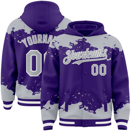 Custom Purple Gray-White Splash Art 3D Pattern Design Bomber Full-Snap Varsity Letterman Hoodie Jacket - Main View