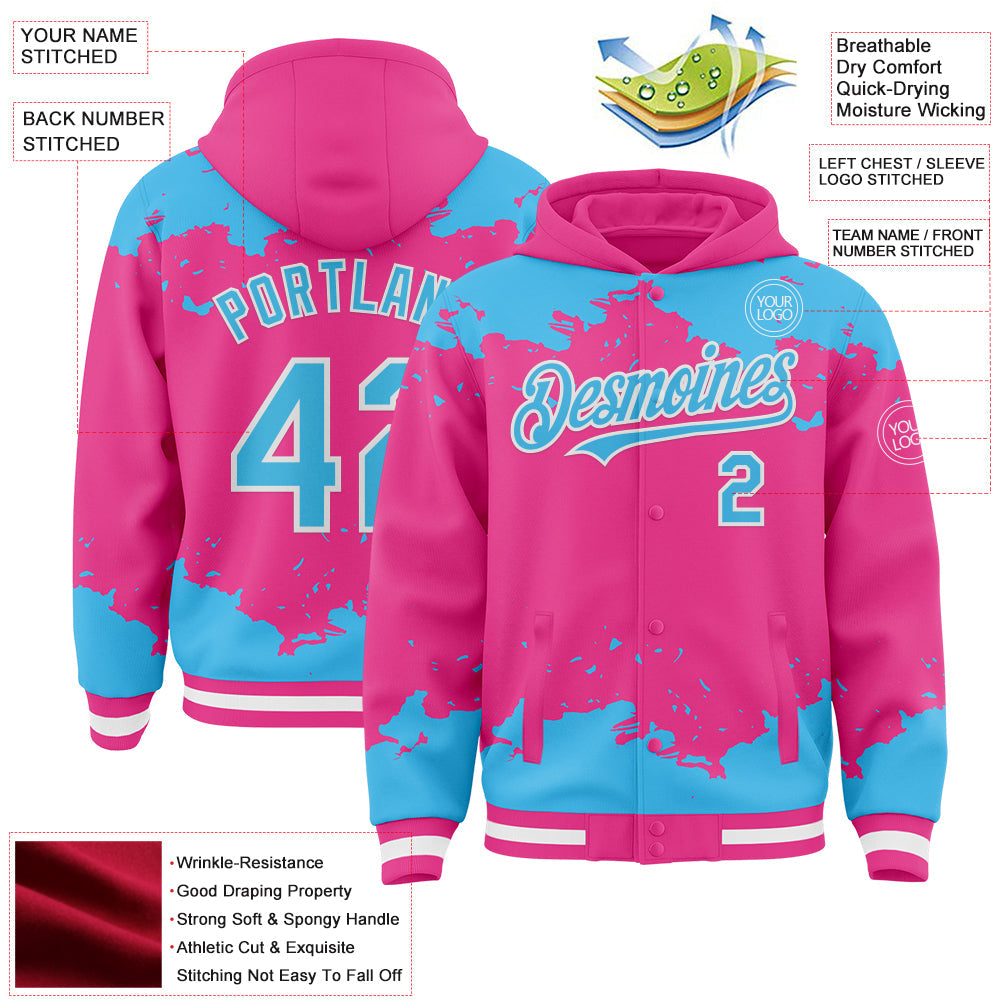 Custom Pink Sky Blue-White Splash Art 3D Pattern Design Bomber Full-Snap Varsity Letterman Hoodie Jacket view 4