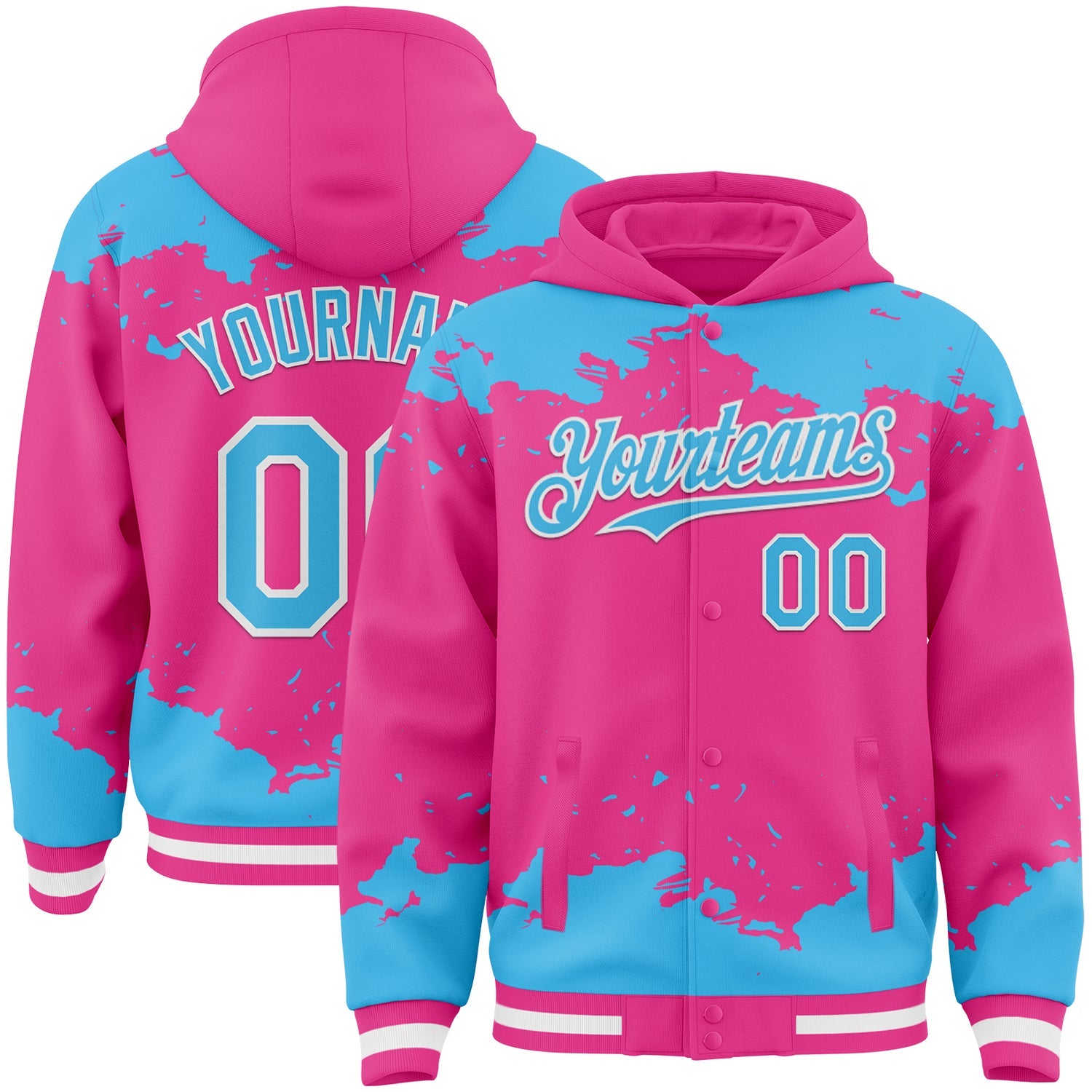 Custom Pink Sky Blue-White Splash Art 3D Pattern Design Bomber Full-Snap Varsity Letterman Hoodie Jacket - Main View
