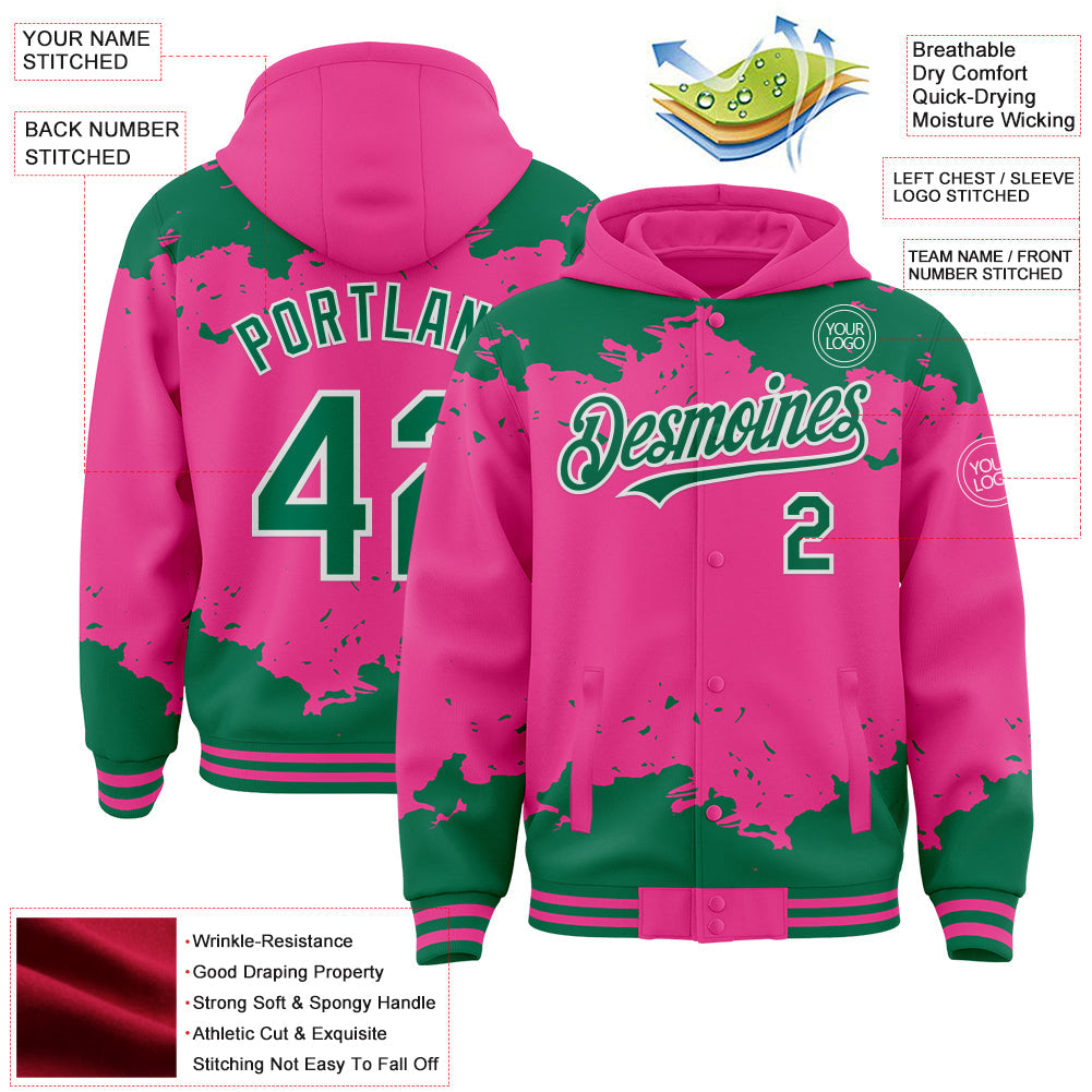 Custom Pink Kelly Green-White Splash Art 3D Pattern Design Bomber Full-Snap Varsity Letterman Hoodie Jacket view 4