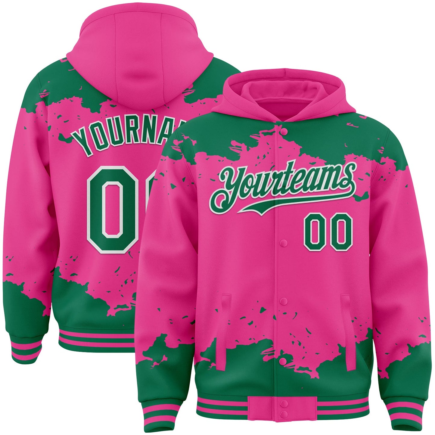 Custom Pink Kelly Green-White Splash Art 3D Pattern Design Bomber Full-Snap Varsity Letterman Hoodie Jacket - Main View
