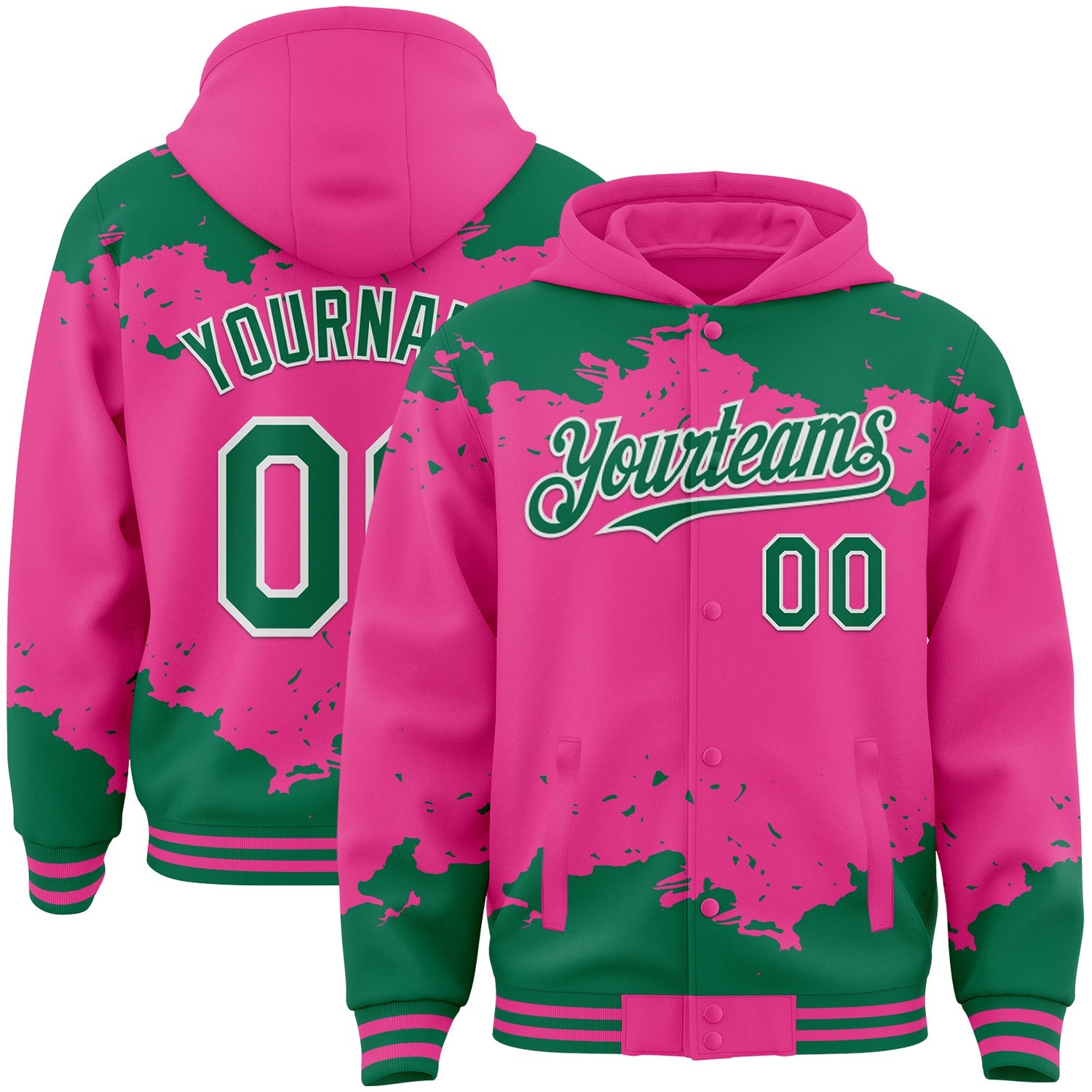 Custom Pink Kelly Green-White Splash Art 3D Pattern Design Bomber Full-Snap Varsity Letterman Hoodie Jacket - Main View