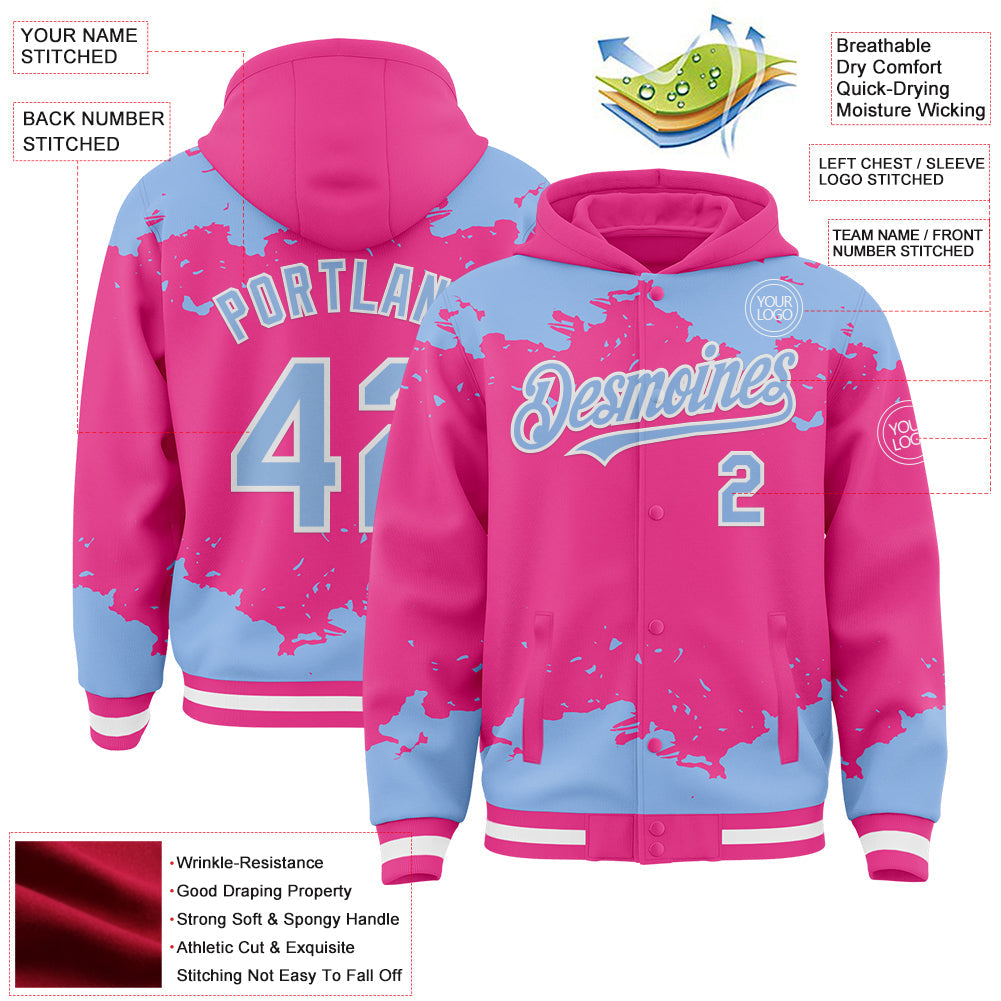 Custom Pink Light Blue-White Splash Art 3D Pattern Design Bomber Full-Snap Varsity Letterman Hoodie Jacket view 4