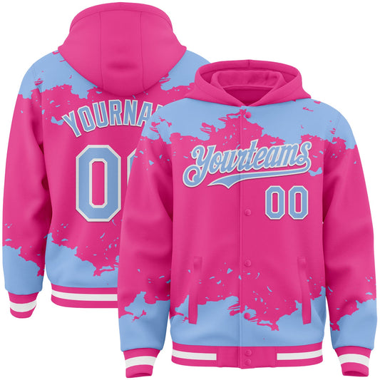 Custom Pink Light Blue-White Splash Art 3D Pattern Design Bomber Full-Snap Varsity Letterman Hoodie Jacket - Main View